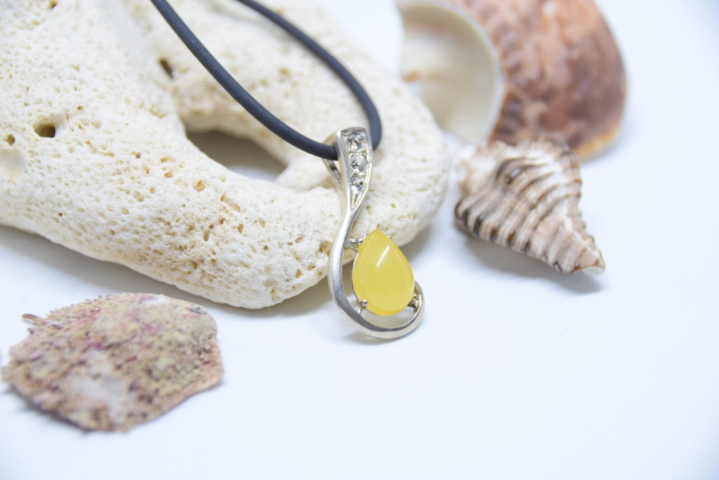 Baltic Amber and White Zirconium Silver Pendant Necklace