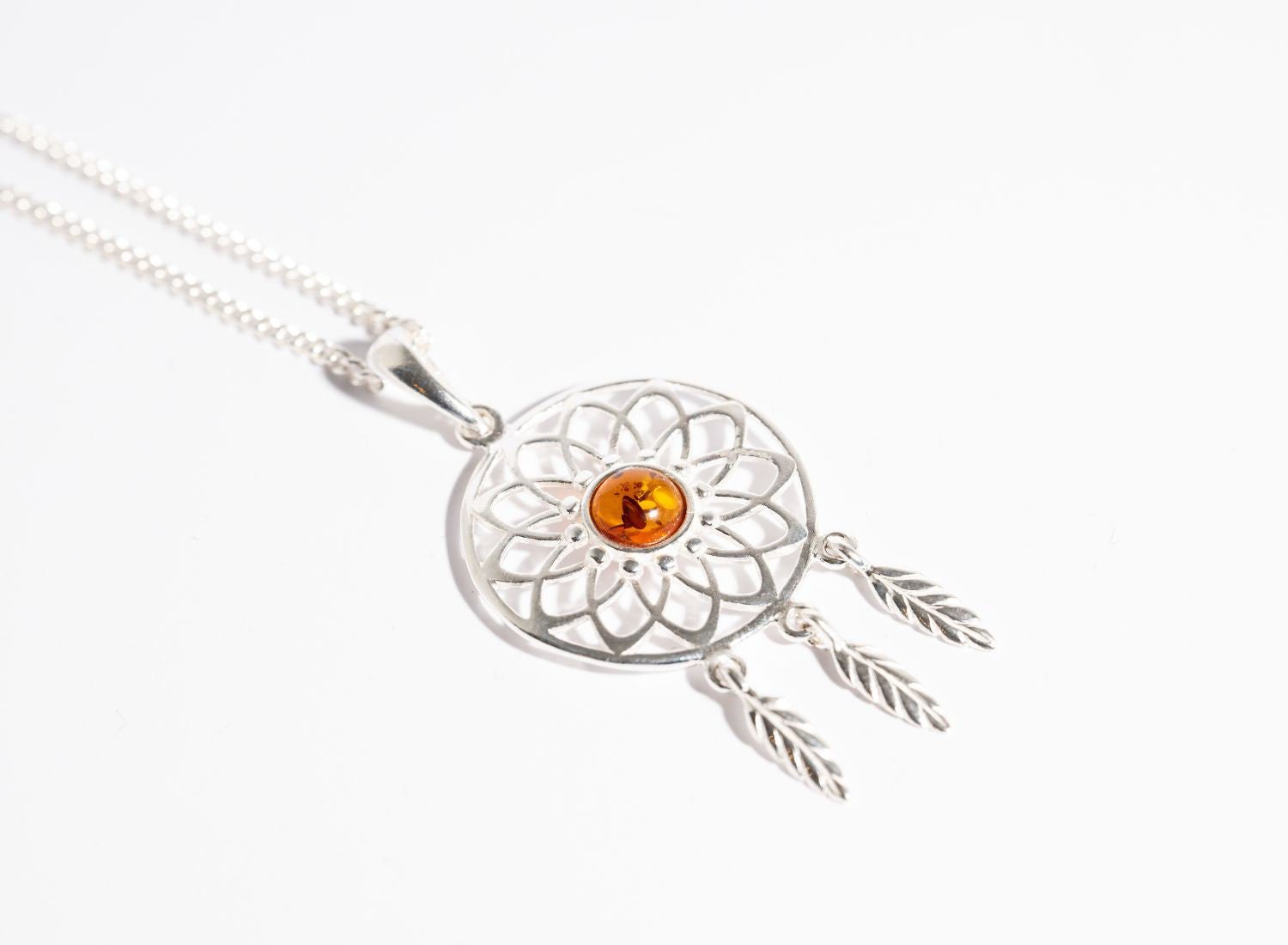 Floral Amber Dreamcatcher Pendant Necklace