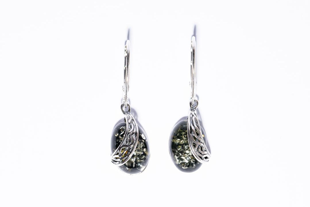 Baltic Amber Vintage Marquise with ornament Dangle Earrings