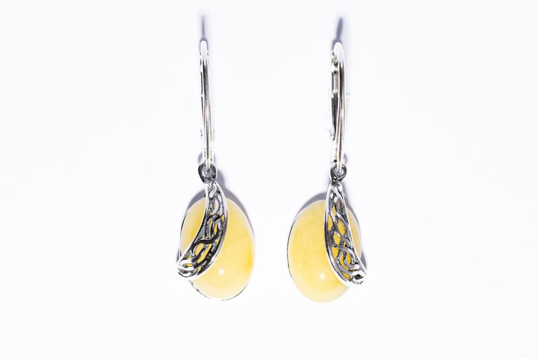 Baltic Amber Vintage Marquise with ornament Dangle Earrings