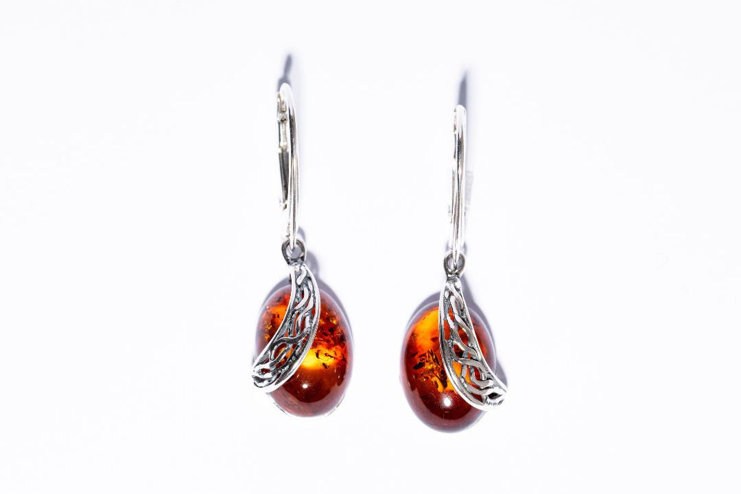 Baltic Amber Vintage Marquise with ornament Dangle Earrings